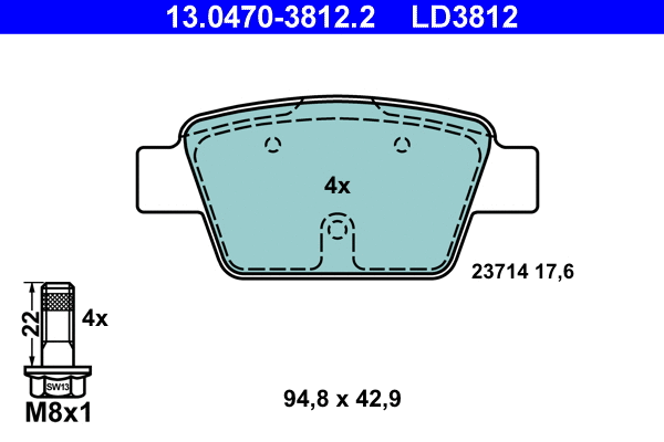 13.0470-3812.2 ATE Комплект тормозных колодок, дисковый тормоз (фото 1)