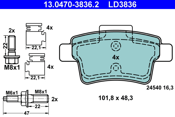 13.0470-3836.2 ATE Комплект тормозных колодок, дисковый тормоз (фото 1)