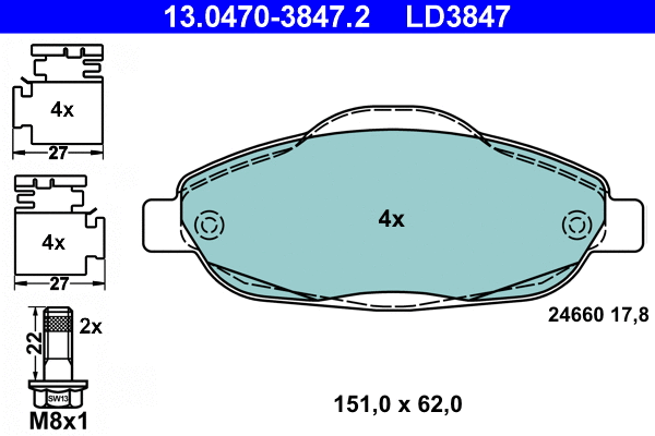 13.0470-3847.2 ATE Комплект тормозных колодок, дисковый тормоз (фото 1)