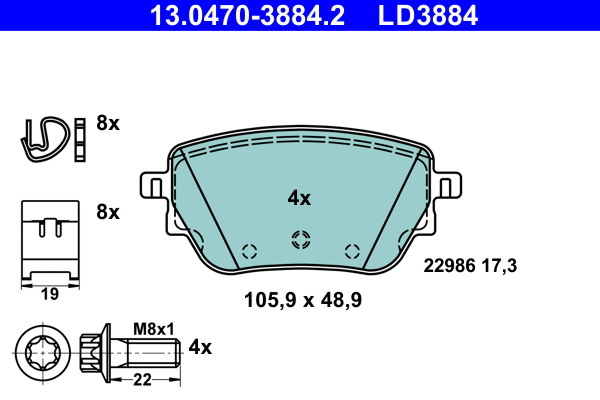13.0470-3884.2 ATE Комплект тормозных колодок, дисковый тормоз (фото 1)