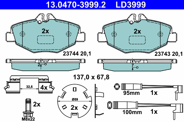 13.0470-3999.2 ATE Комплект тормозных колодок, дисковый тормоз (фото 1)
