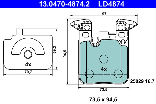 13.0470-4874.2 ATE Комплект тормозных колодок, дисковый тормоз (фото 1)