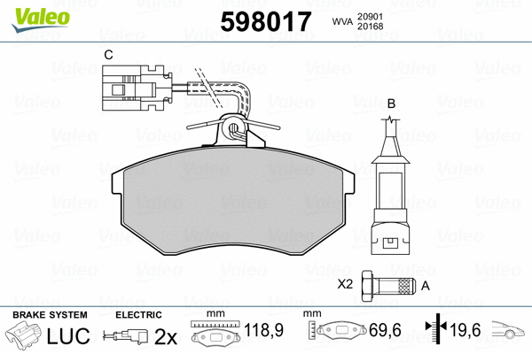 598017 VALEO Комплект тормозных колодок, дисковый тормоз (фото 2)
