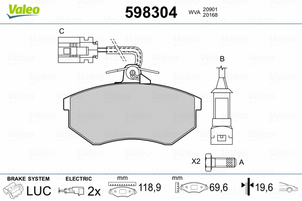 598304 VALEO Комплект тормозных колодок, дисковый тормоз (фото 2)