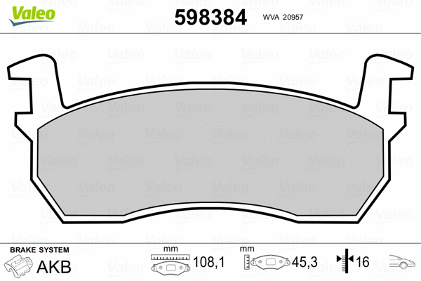 598384 VALEO Комплект тормозных колодок, дисковый тормоз (фото 2)