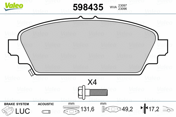 598435 VALEO Комплект тормозных колодок, дисковый тормоз (фото 2)