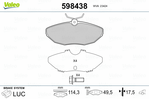 598438 VALEO Комплект тормозных колодок, дисковый тормоз (фото 2)
