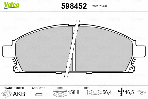 598452 VALEO Комплект тормозных колодок, дисковый тормоз (фото 2)