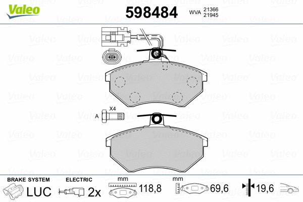 598484 VALEO Комплект тормозных колодок, дисковый тормоз (фото 2)