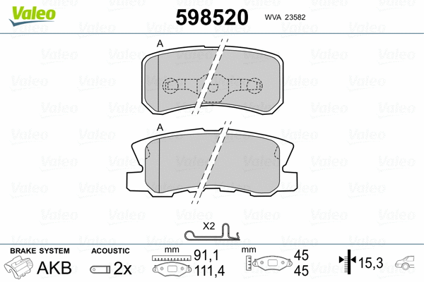 598520 VALEO Комплект тормозных колодок, дисковый тормоз (фото 2)