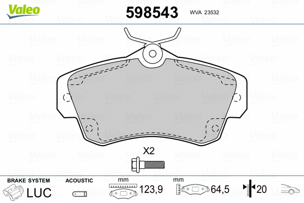 598543 VALEO Комплект тормозных колодок, дисковый тормоз (фото 2)