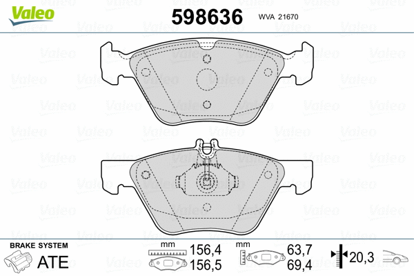 598636 VALEO Комплект тормозных колодок, дисковый тормоз (фото 2)