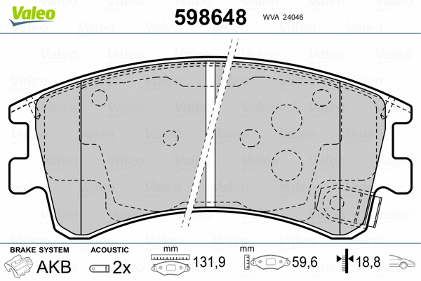 598648 VALEO Комплект тормозных колодок, дисковый тормоз (фото 2)