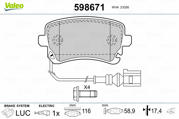 598671 VALEO Комплект тормозных колодок, дисковый тормоз (фото 2)