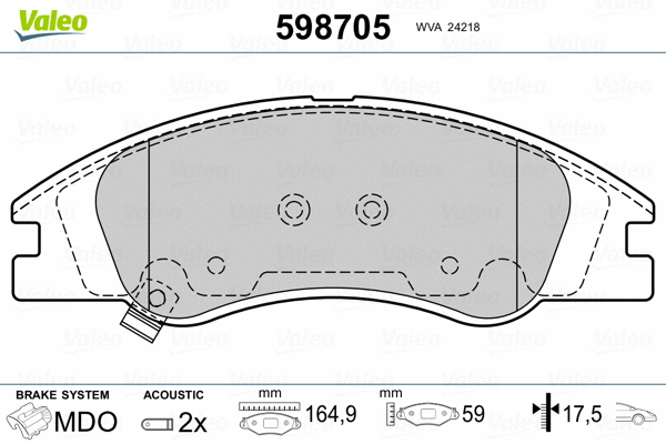 598705 VALEO Комплект тормозных колодок, дисковый тормоз (фото 2)