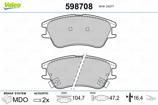598708 VALEO Комплект тормозных колодок, дисковый тормоз (фото 2)