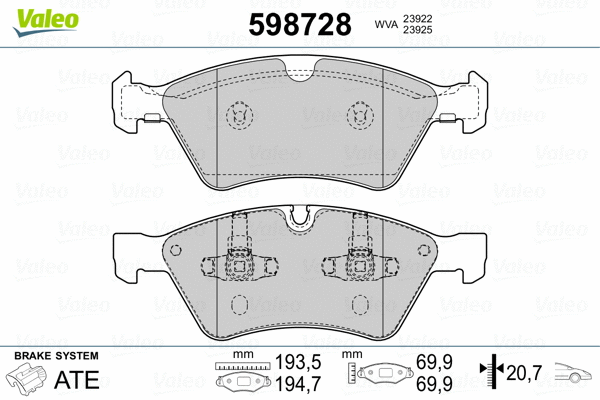598728 VALEO Комплект тормозных колодок, дисковый тормоз (фото 2)