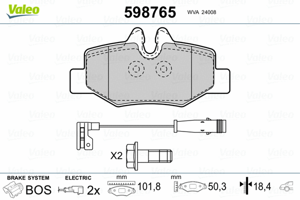 598765 VALEO Комплект тормозных колодок, дисковый тормоз (фото 2)