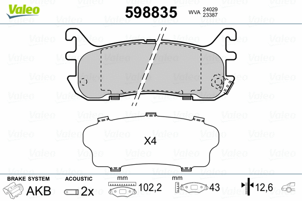 598835 VALEO Комплект тормозных колодок, дисковый тормоз (фото 2)