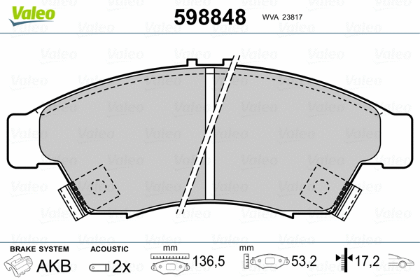 598848 VALEO Комплект тормозных колодок, дисковый тормоз (фото 2)