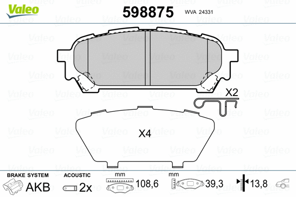598875 VALEO Комплект тормозных колодок, дисковый тормоз (фото 2)