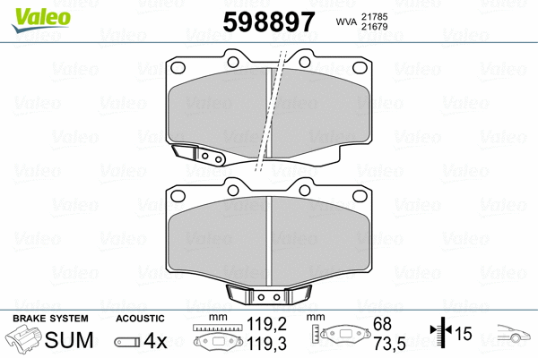598897 VALEO Комплект тормозных колодок, дисковый тормоз (фото 2)