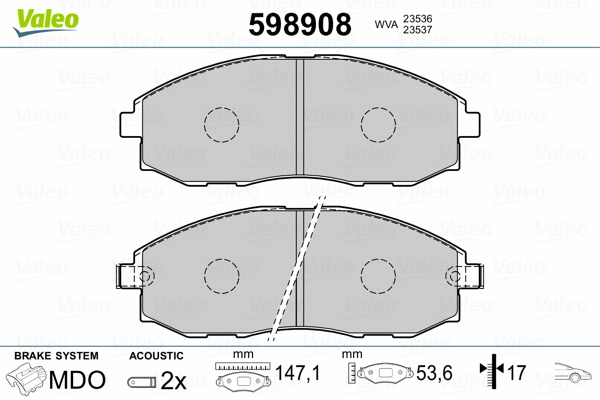 598908 VALEO Комплект тормозных колодок, дисковый тормоз (фото 2)