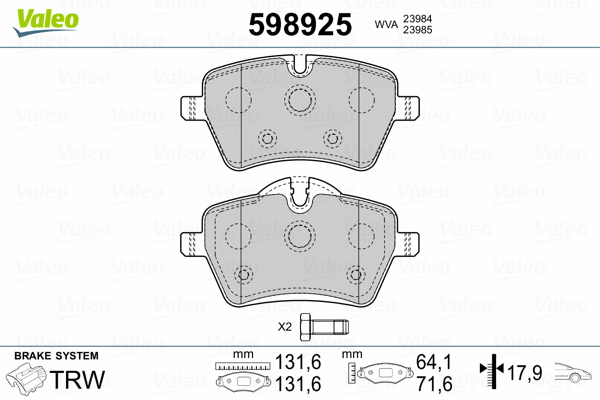 598925 VALEO Комплект тормозных колодок, дисковый тормоз (фото 2)