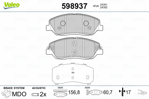 598937 VALEO Комплект тормозных колодок, дисковый тормоз (фото 2)