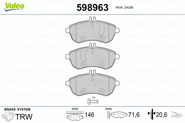598963 VALEO Комплект тормозных колодок, дисковый тормоз (фото 2)