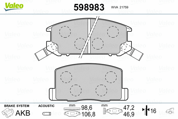 598983 VALEO Комплект тормозных колодок, дисковый тормоз (фото 2)