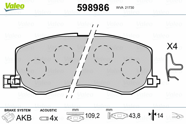 598986 VALEO Комплект тормозных колодок, дисковый тормоз (фото 2)