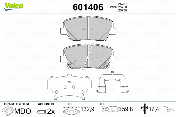 601406 VALEO Комплект тормозных колодок, дисковый тормоз (фото 2)
