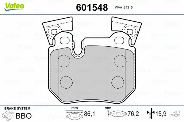 601548 VALEO Комплект тормозных колодок, дисковый тормоз (фото 2)