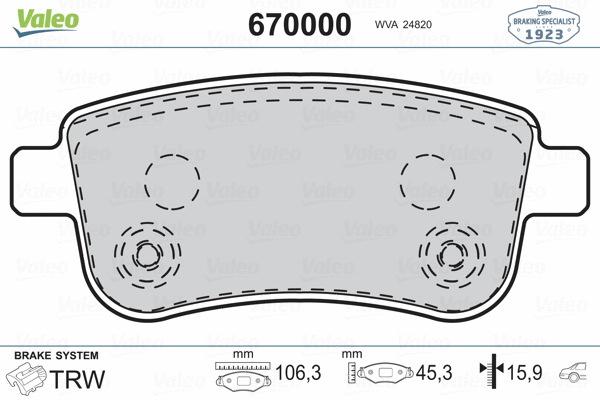 670000 VALEO Комплект тормозных колодок, дисковый тормоз (фото 2)