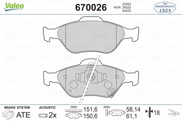 670026 VALEO Комплект тормозных колодок, дисковый тормоз (фото 2)