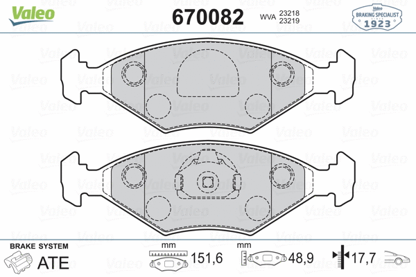 670082 VALEO Комплект тормозных колодок, дисковый тормоз (фото 2)