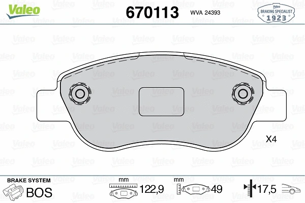 670113 VALEO Комплект тормозных колодок, дисковый тормоз (фото 1)