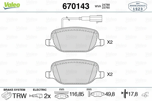 670143 VALEO Комплект тормозных колодок, дисковый тормоз (фото 1)