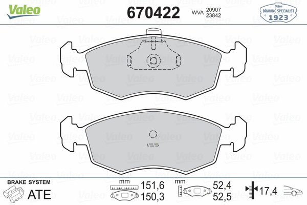 670422 VALEO Комплект тормозных колодок, дисковый тормоз (фото 2)