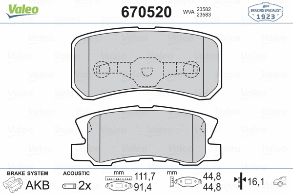 670520 VALEO Комплект тормозных колодок, дисковый тормоз (фото 2)