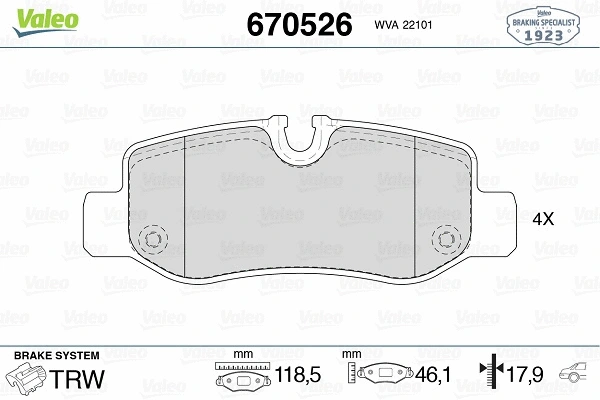 670526 VALEO Комплект тормозных колодок, дисковый тормоз (фото 1)