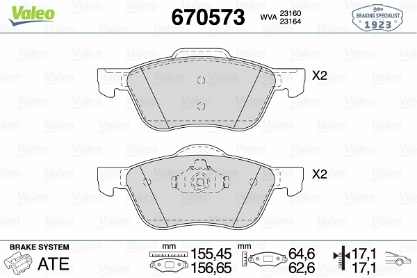 670573 VALEO Комплект тормозных колодок, дисковый тормоз (фото 1)