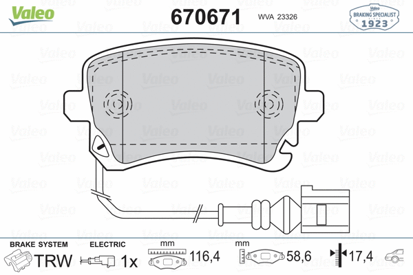 670671 VALEO Комплект тормозных колодок, дисковый тормоз (фото 2)