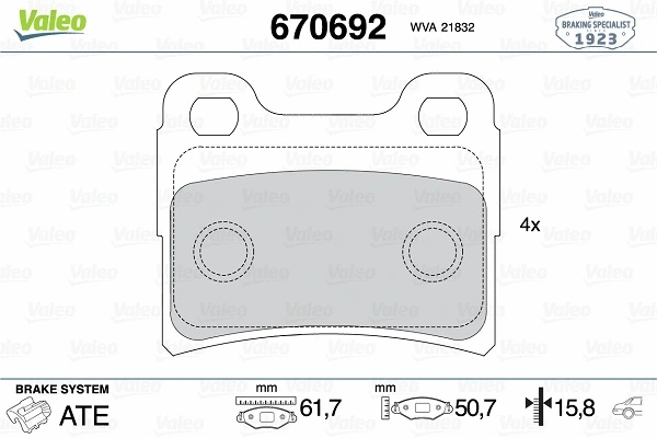 670692 VALEO Комплект тормозных колодок, дисковый тормоз (фото 1)