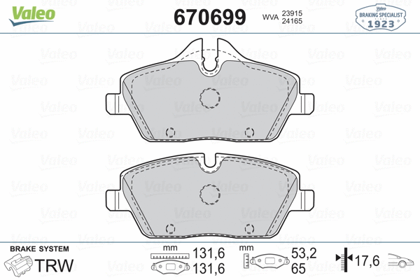 670699 VALEO Комплект тормозных колодок, дисковый тормоз (фото 2)
