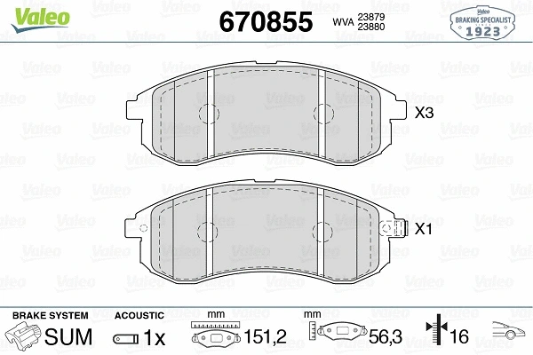 670855 VALEO Комплект тормозных колодок, дисковый тормоз (фото 1)