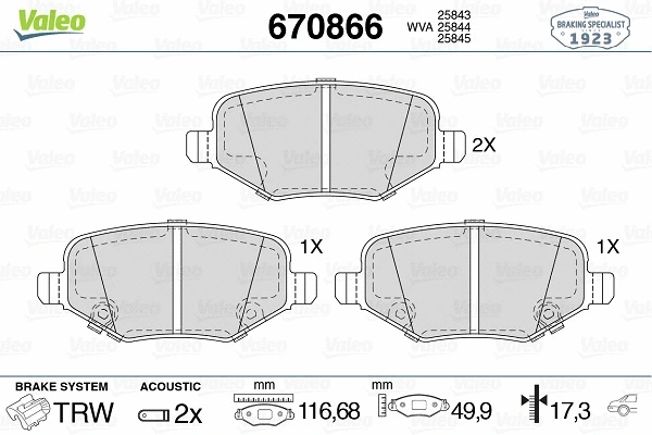 670866 VALEO Комплект тормозных колодок, дисковый тормоз (фото 1)