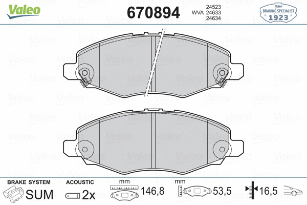 670894 VALEO Комплект тормозных колодок, дисковый тормоз (фото 2)
