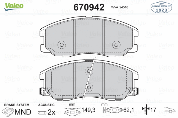 670942 VALEO Комплект тормозных колодок, дисковый тормоз (фото 2)